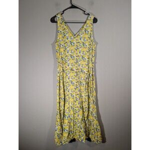 LOFT Yellow Floral V-Neck Linen Blend Midi Dress Sz M Brunch Resortwear Cottage